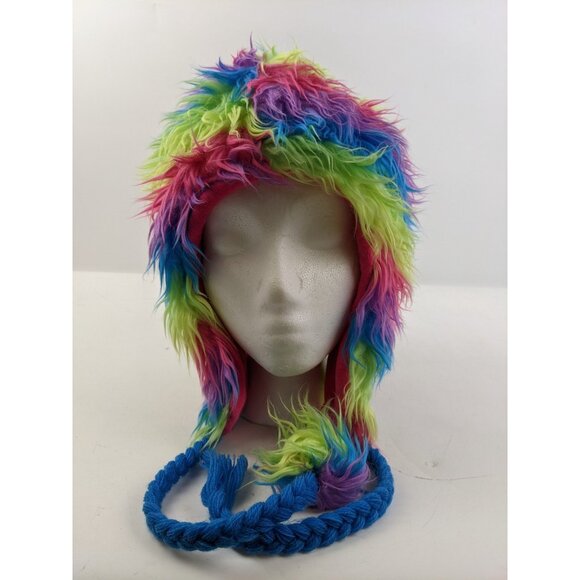 Rave + Roar Y2K Bunny Series EDM Rainbow Multicolor Pom Poms Fuzzy Hat Winter - Picture 1 of 14